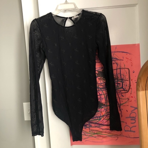 Free People Tops - Free People Embroidered Mesh Bodysuit, black